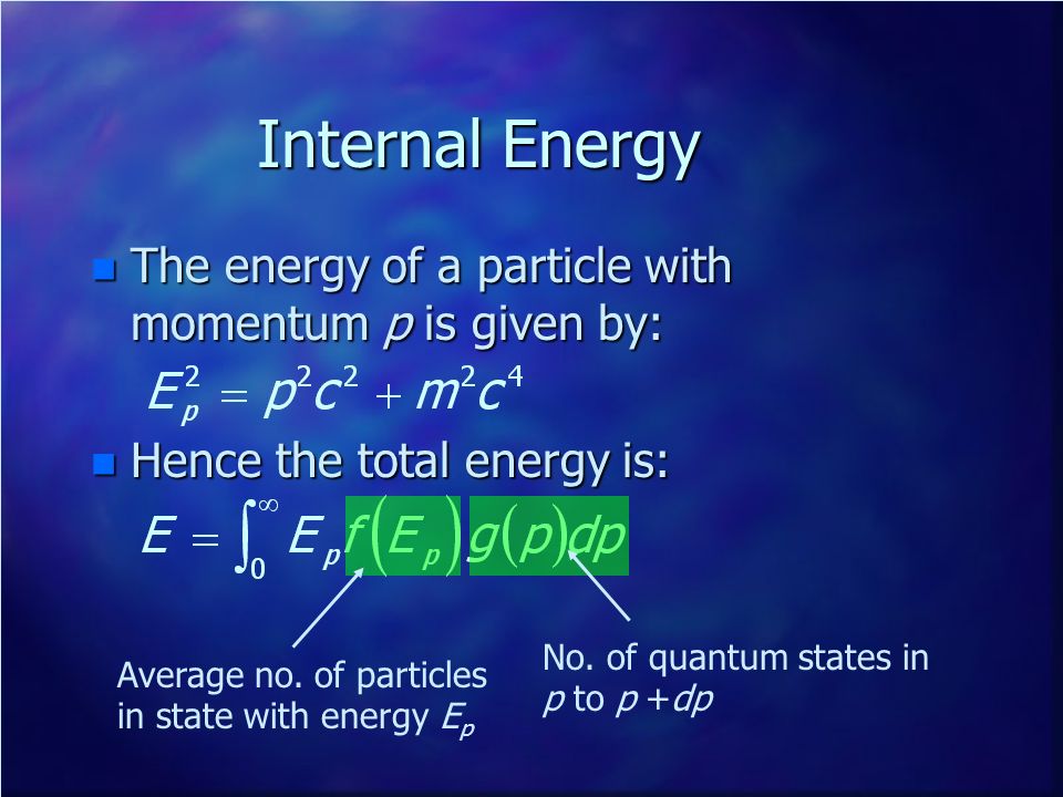 Internal Energy The energy of a particle with momentum p is given by: