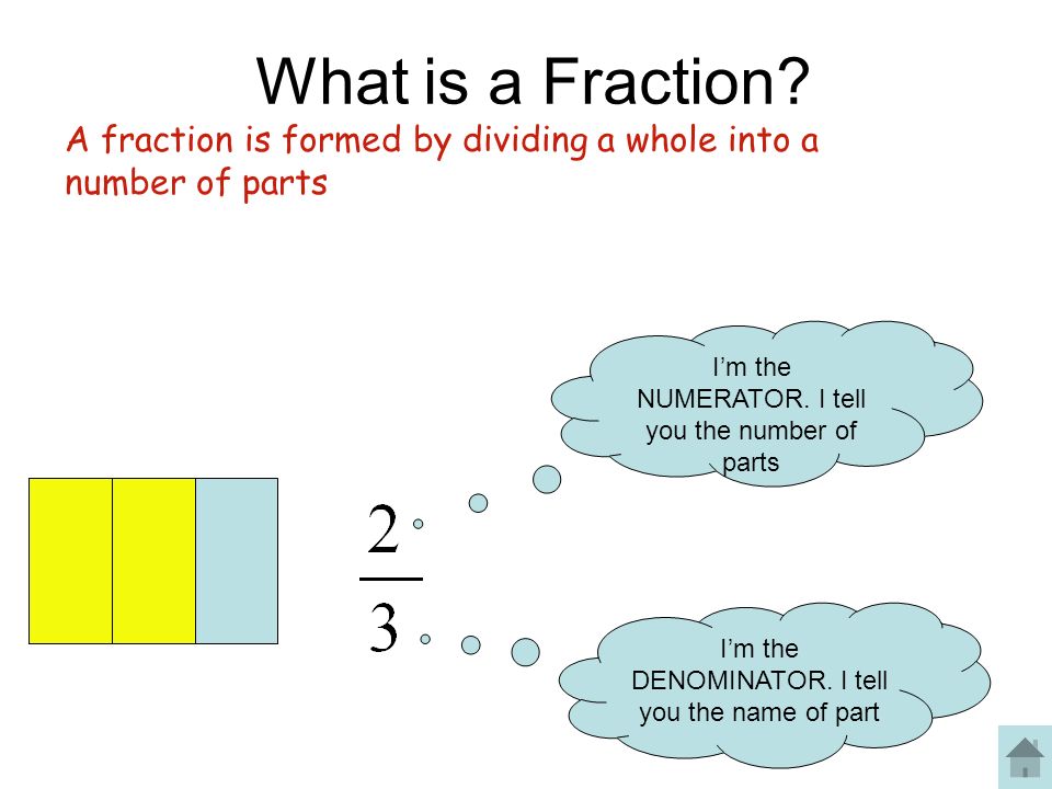 What is a Fraction A fraction is formed by dividing a whole into a number of parts. I’m the NUMERATOR. I tell you the number of parts.