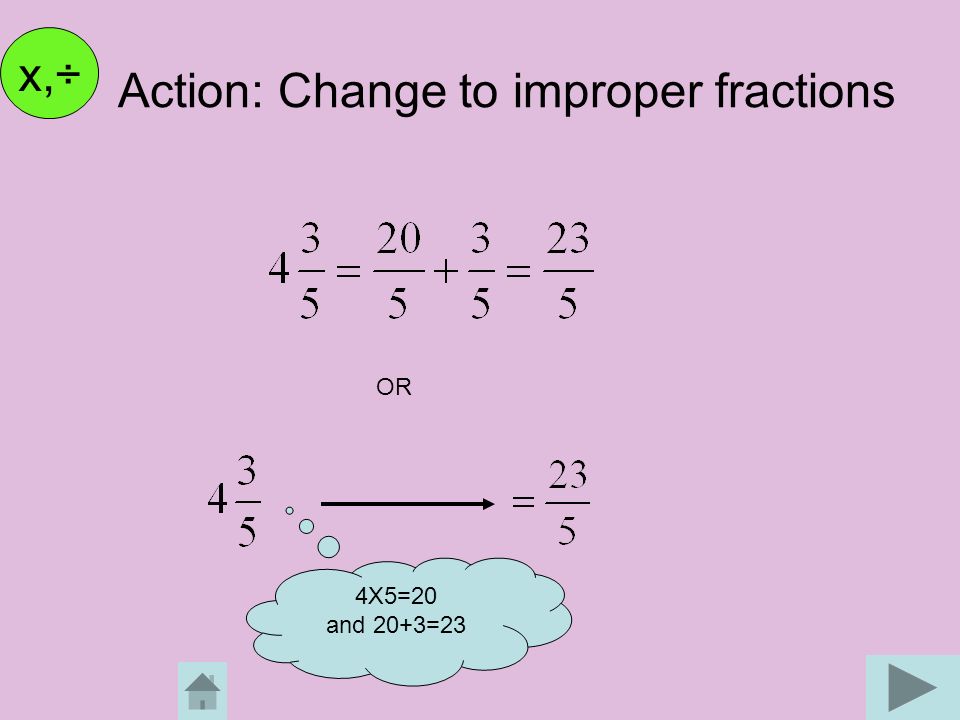 Action: Change to improper fractions