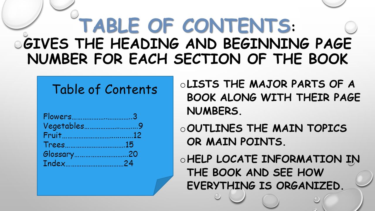 Table of Contents: gives the heading and beginning page number for each section of the book