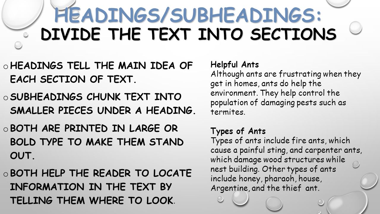 HEADINGS/SUBHEADINGS: DIVIDE THE TEXT INTO SECTIONS