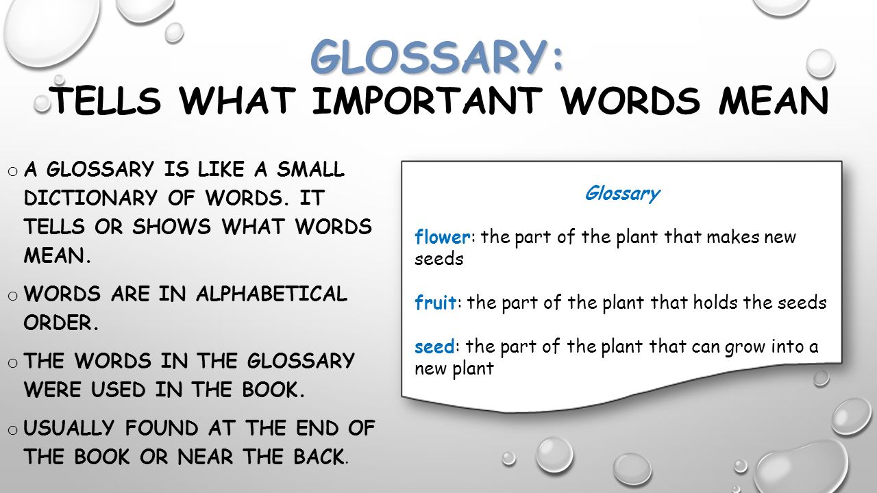 GLOSSARY: TELLS WHAT IMPORTANT WORDS MEAN