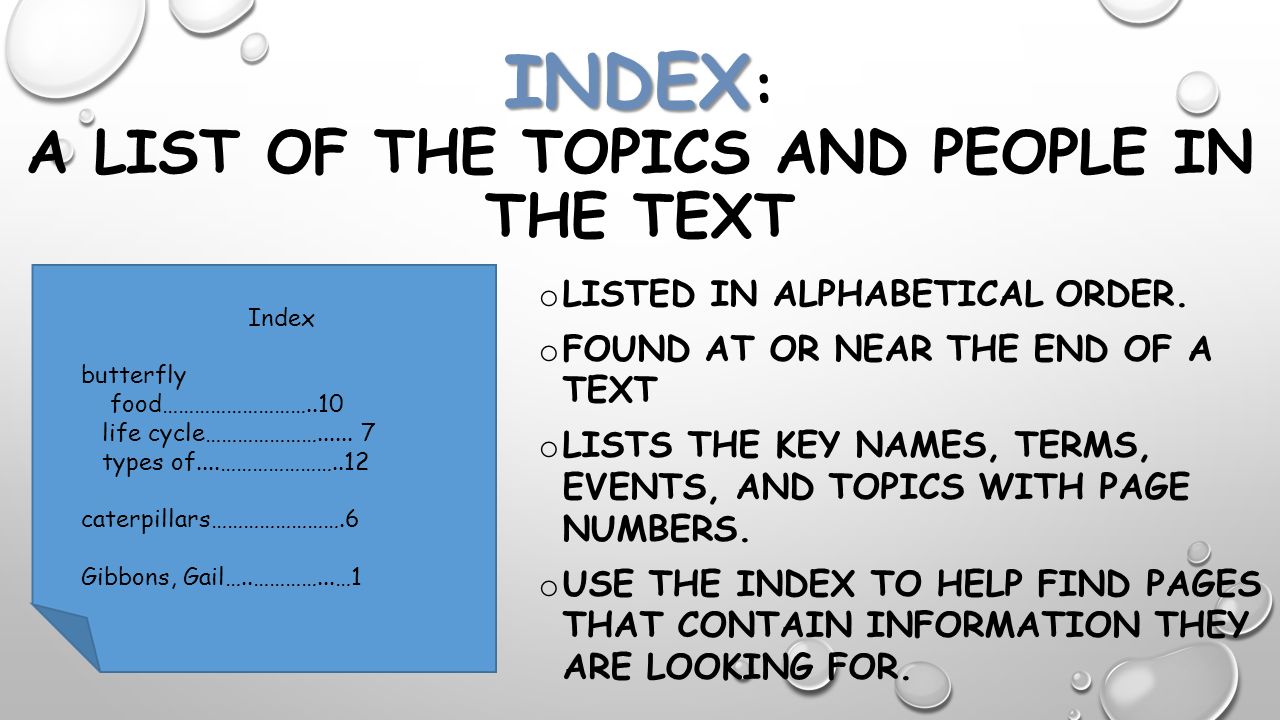 Index: a list of the topics and people in the text
