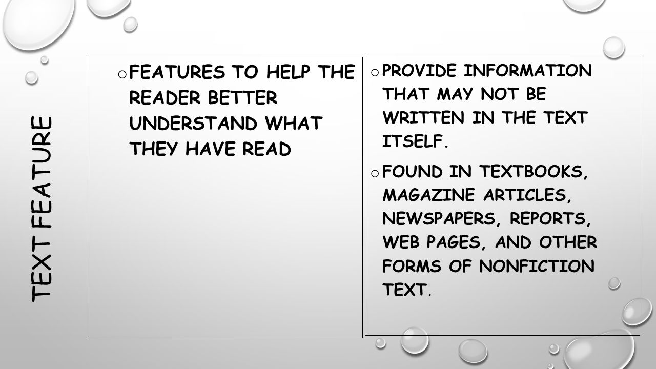 features to help the reader better understand what they have read