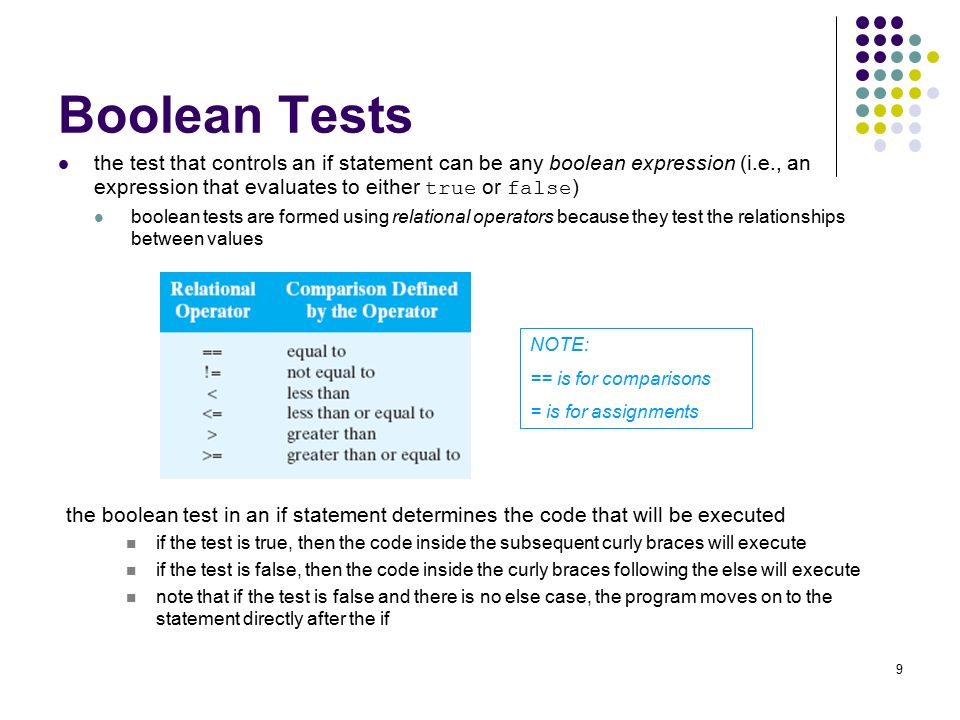 Boolean Tests the test that controls an if statement can be any boolean expression (i.e., an expression that evaluates to either true or false)