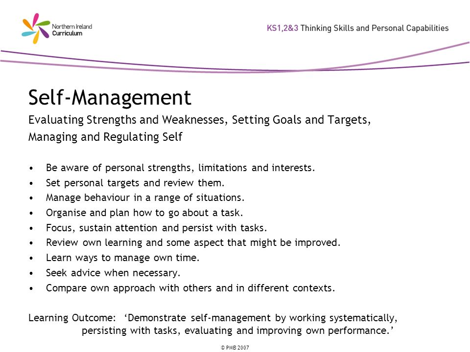 Self-Management Evaluating Strengths and Weaknesses, Setting Goals and Targets, Managing and Regulating Self.