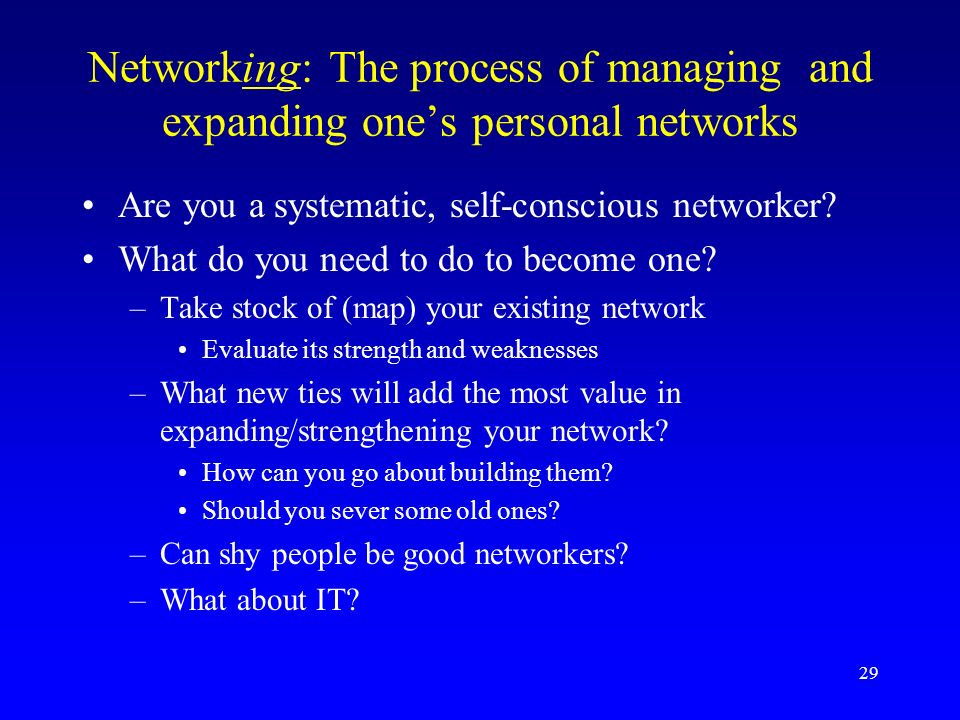 Networking: The process of managing and expanding one’s personal networks