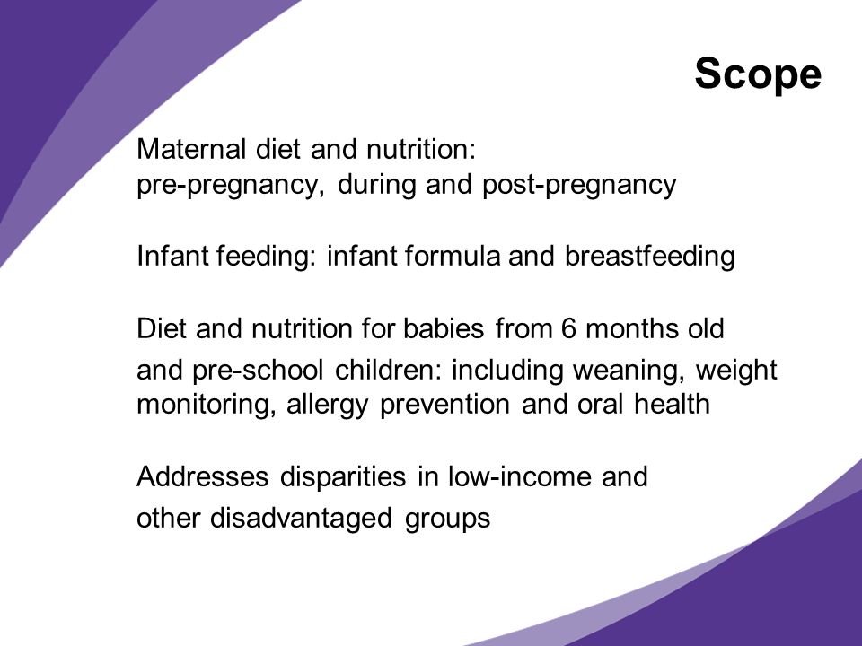 Scope Maternal diet and nutrition: pre-pregnancy, during and post-pregnancy. Infant feeding: infant formula and breastfeeding.