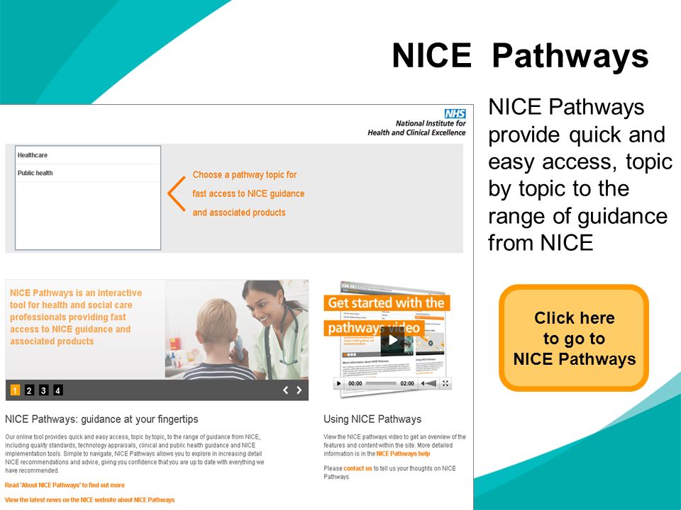 NICE Pathways NICE Pathways provide quick and easy access, topic by topic to the range of guidance from NICE.