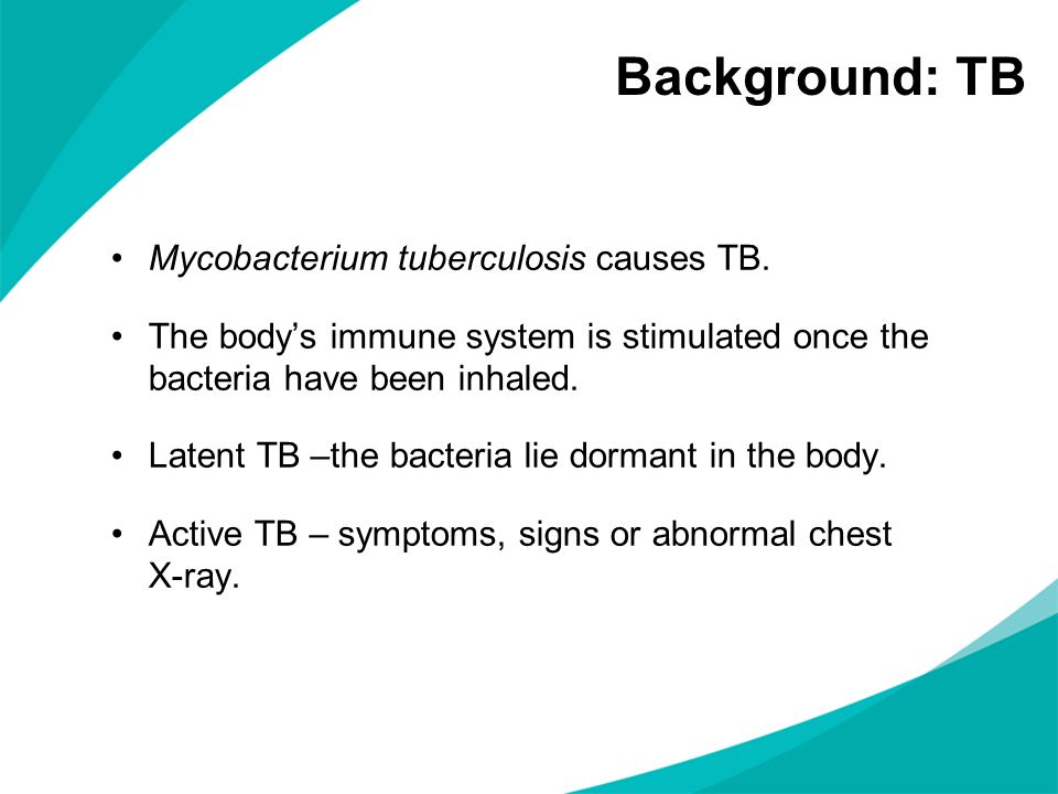 Background: TB Mycobacterium tuberculosis causes TB.