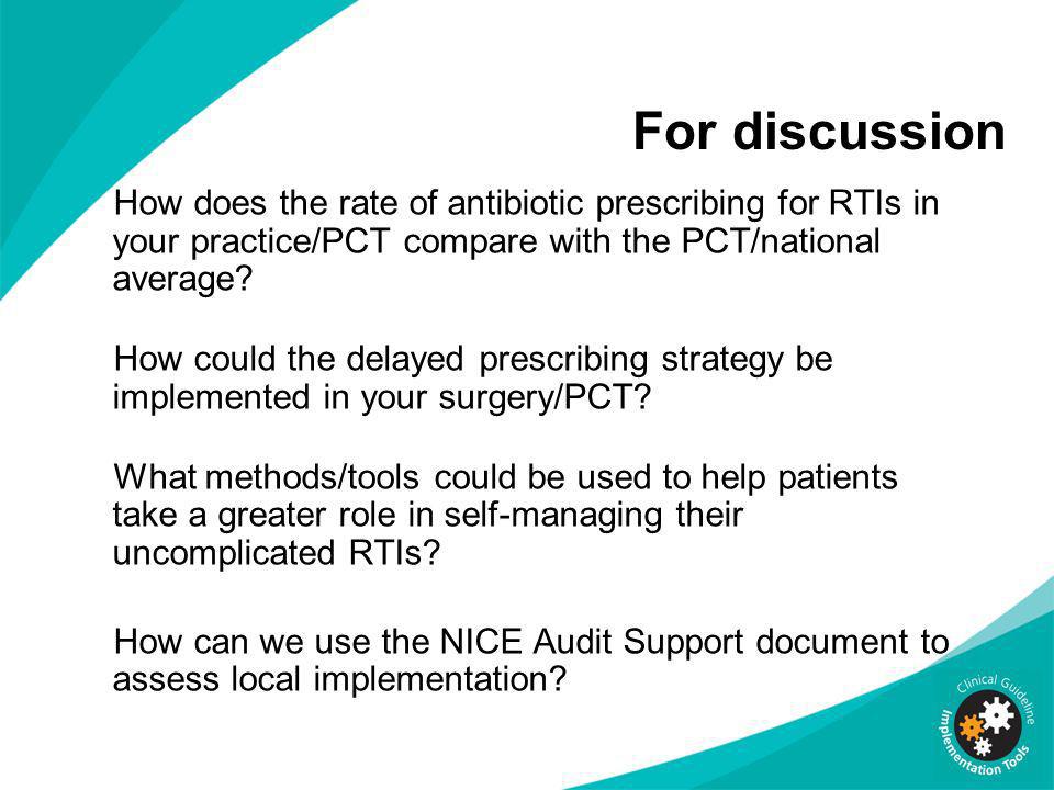 For discussion How does the rate of antibiotic prescribing for RTIs in your practice/PCT compare with the PCT/national average
