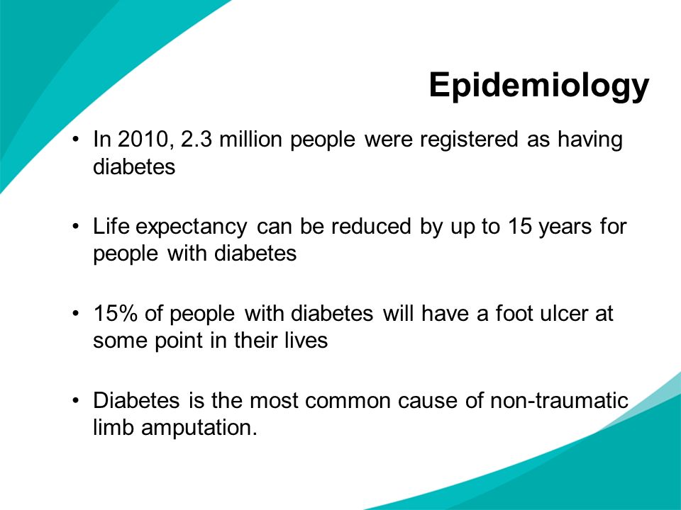 Epidemiology In 2010, 2.3 million people were registered as having diabetes.