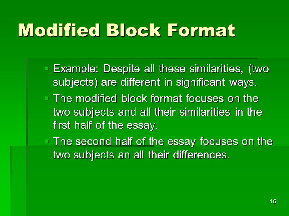 Modified Block Format Example: Despite all these similarities, (two subjects) are different in significant ways.