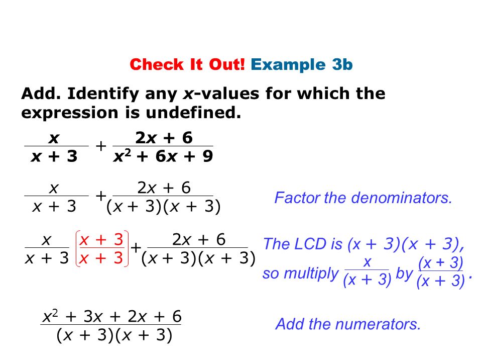 Check It Out! Example 3b Add. Identify any x-values for which the expression is undefined. 2x + 6.