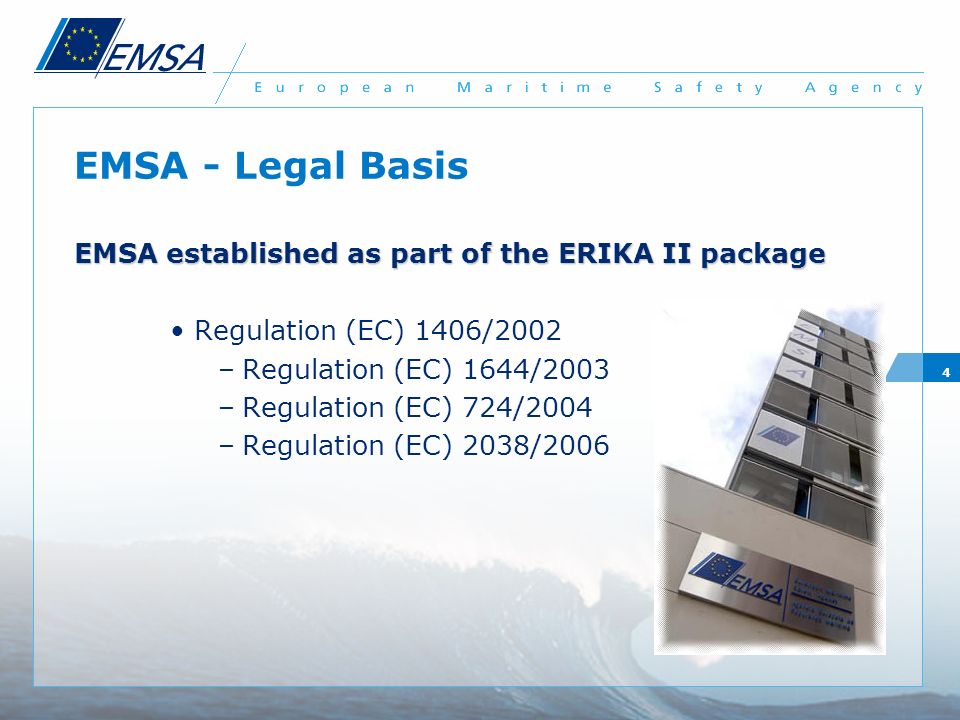 EMSA - Legal Basis EMSA established as part of the ERIKA II package