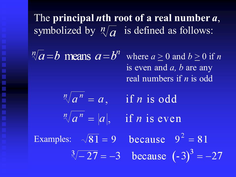 The principal nth root of a real number a, symbolized by is defined as follows: