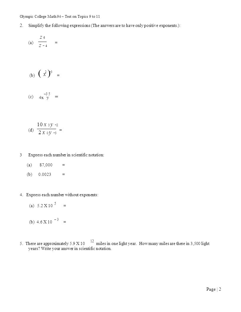 Olympic College Math 94 – Test on Topics 9 to 11