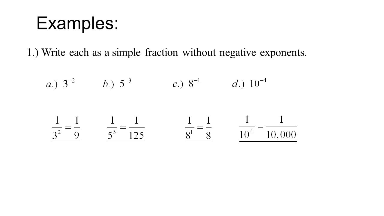 Examples: 1.) Write each as a simple fraction without negative exponents.