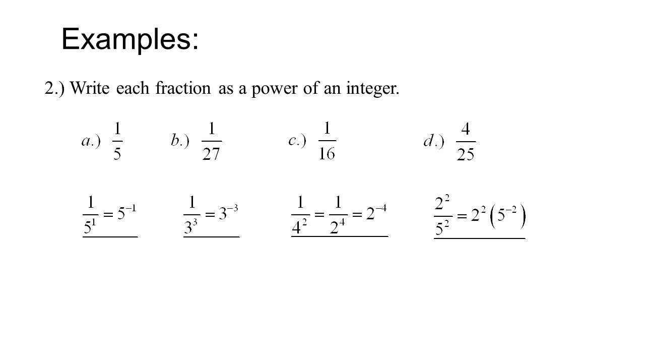 Examples: 2.) Write each fraction as a power of an integer.
