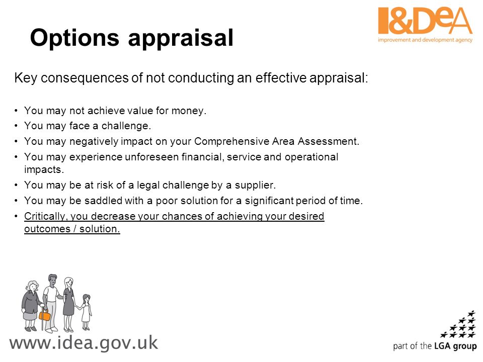 Options appraisal Key consequences of not conducting an effective appraisal: You may not achieve value for money.