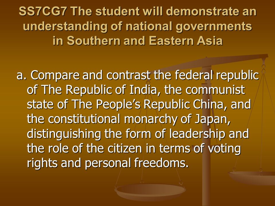 SS7CG7 The student will demonstrate an understanding of national governments in Southern and Eastern Asia