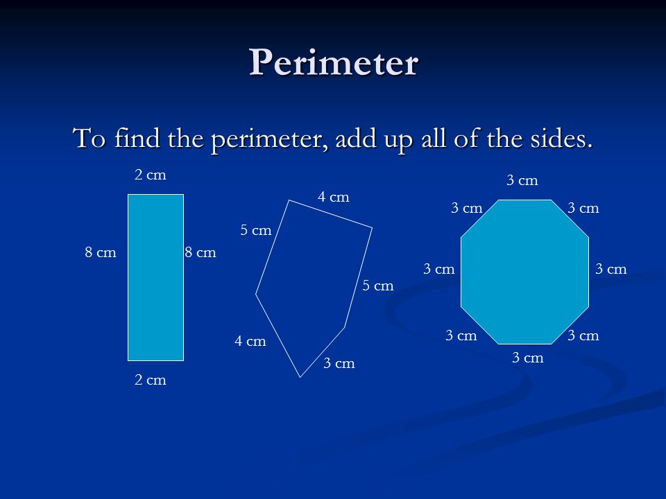 To find the perimeter, add up all of the sides.