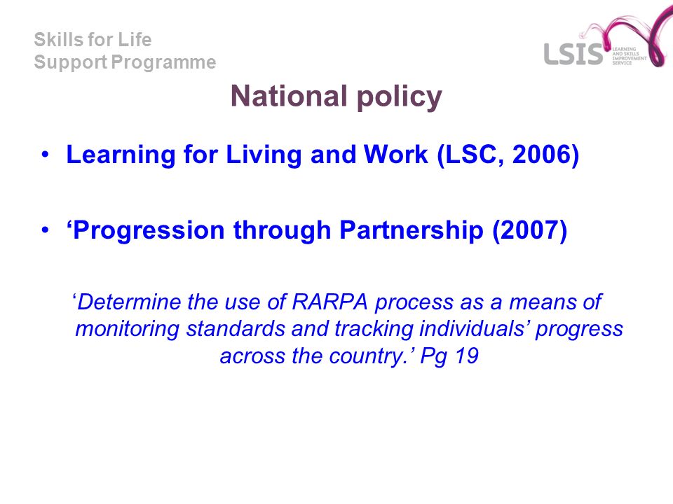 National policy Learning for Living and Work (LSC, 2006)