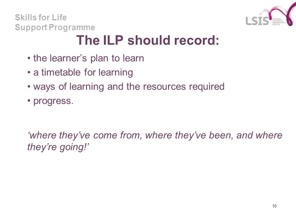 The ILP should record: the learner’s plan to learn