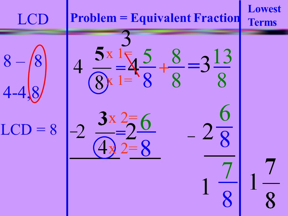 LowestTerms LCD. Problem = Equivalent Fraction x 1= 8 – , =