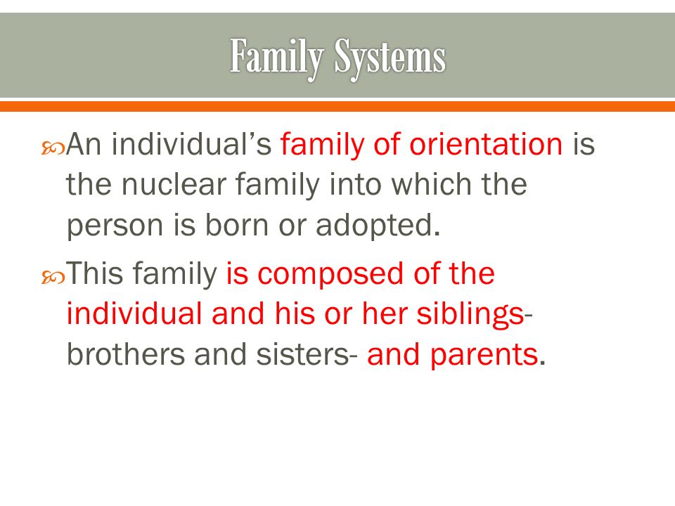 Family Systems An individual’s family of orientation is the nuclear family into which the person is born or adopted.