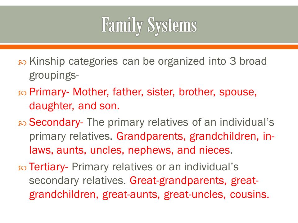 Family Systems Kinship categories can be organized into 3 broad groupings- Primary- Mother, father, sister, brother, spouse, daughter, and son.