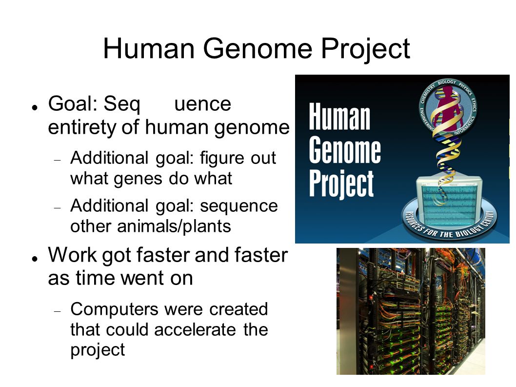 Human Genome Project Goal: Seq uence entirety of human genome