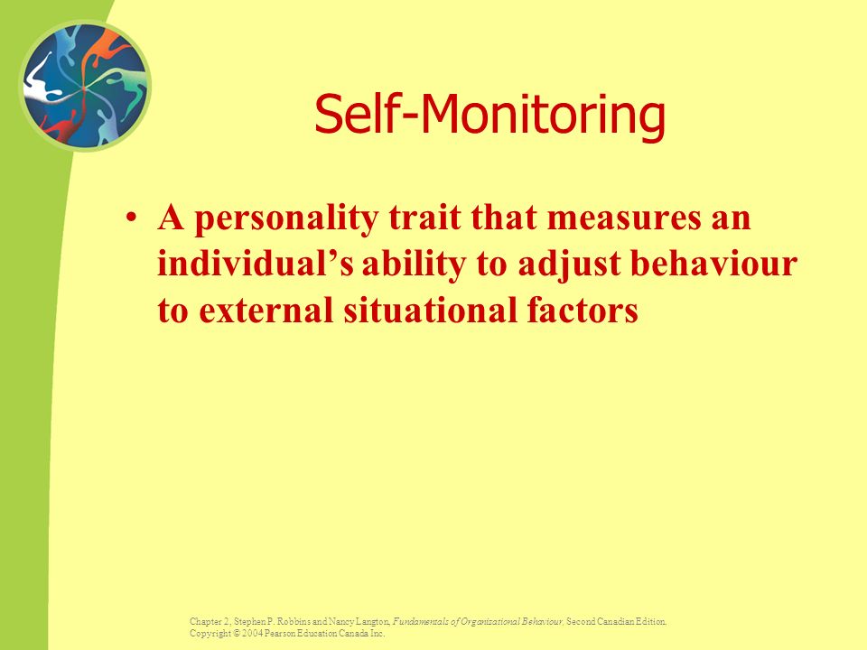 Self-Monitoring A personality trait that measures an individual’s ability to adjust behaviour to external situational factors.