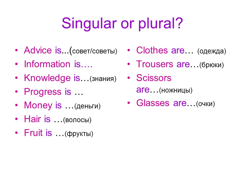 Singular or plural Advice is...(совет/советы) Information is….