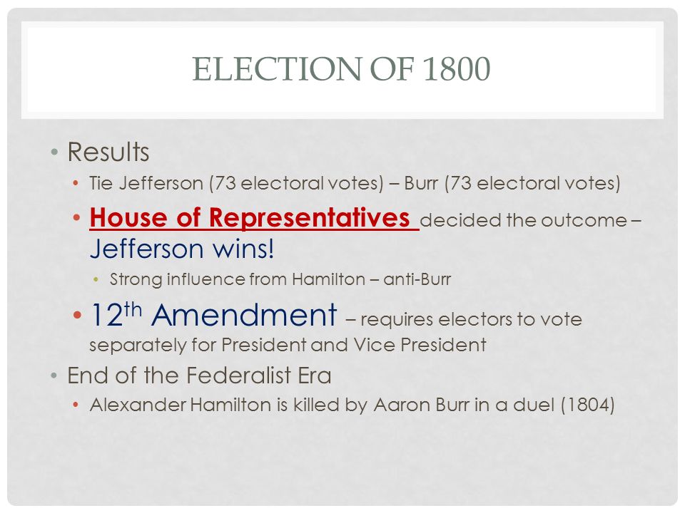 Election of 1800 Results. Tie Jefferson (73 electoral votes) – Burr (73 electoral votes)