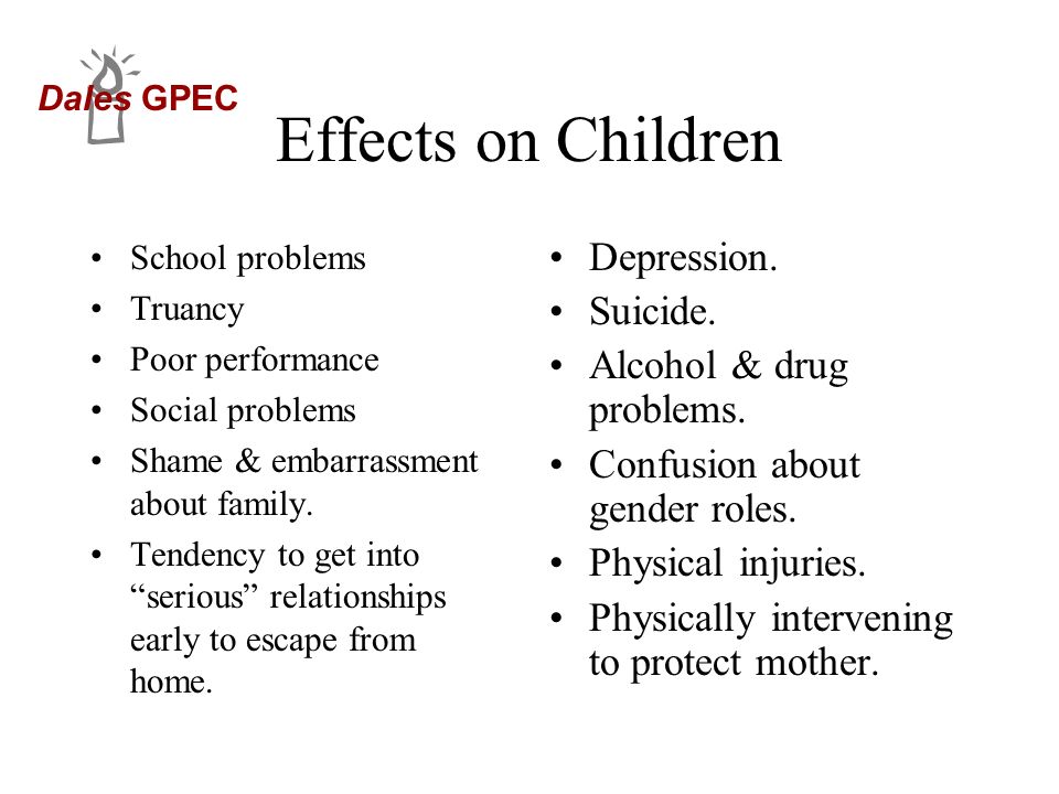 Effects on Children Depression. Suicide. Alcohol & drug problems.