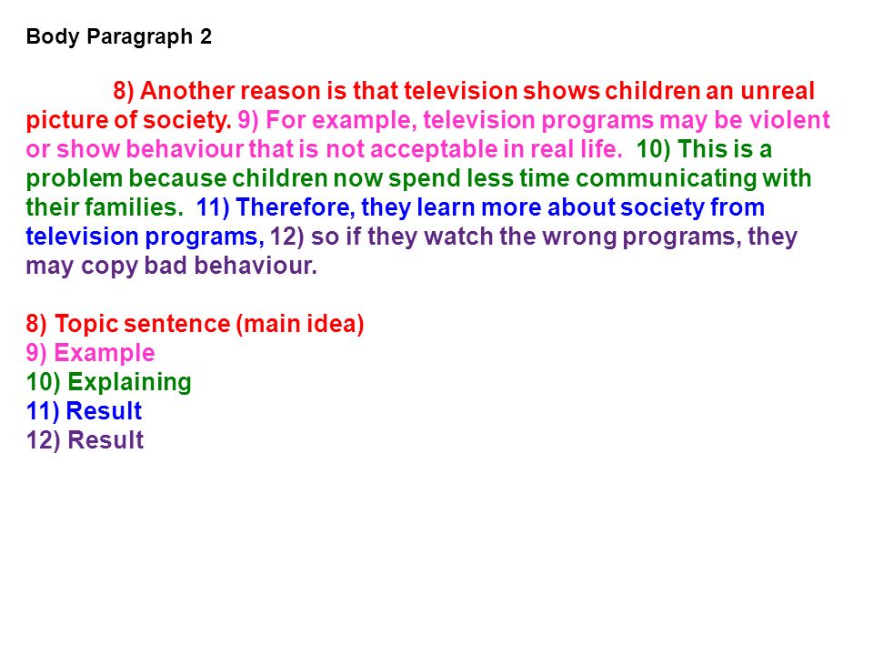 8) Topic sentence (main idea) 9) Example 10) Explaining 11) Result