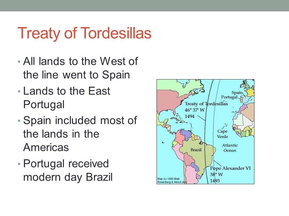 Treaty of Tordesillas All lands to the West of the line went to Spain