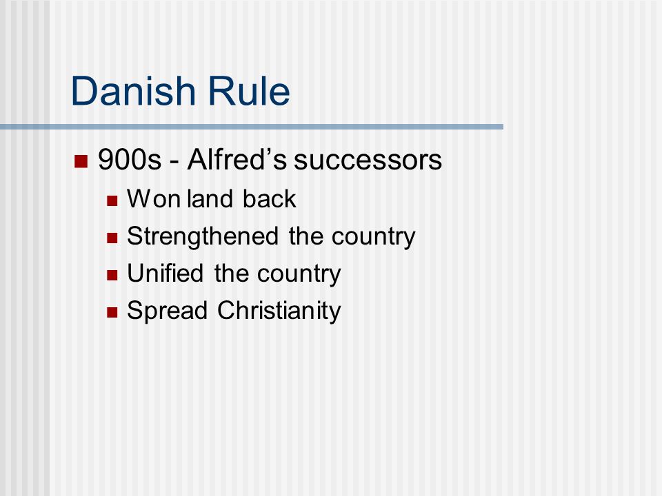 Danish Rule 900s - Alfred’s successors Won land back