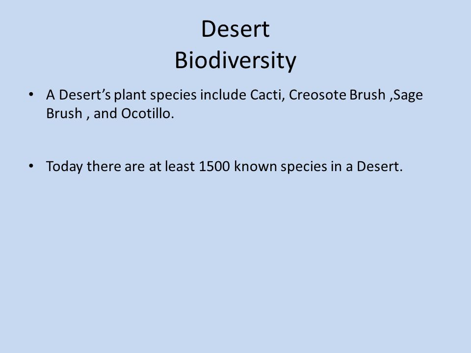 Desert Biodiversity A Desert’s plant species include Cacti, Creosote Brush ,Sage Brush , and Ocotillo.