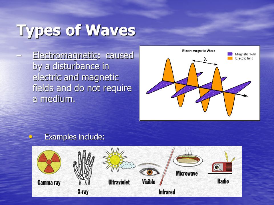 Types of Waves Electromagnetic: caused by a disturbance in electric and magnetic fields and do not require a medium.