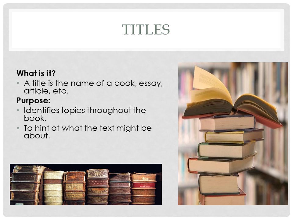 titles What is it A title is the name of a book, essay, article, etc.