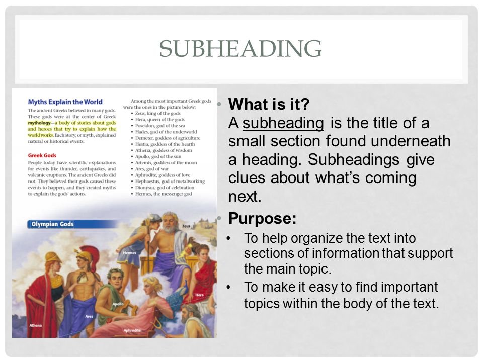 Subheading What is it A subheading is the title of a small section found underneath a heading. Subheadings give clues about what’s coming next.