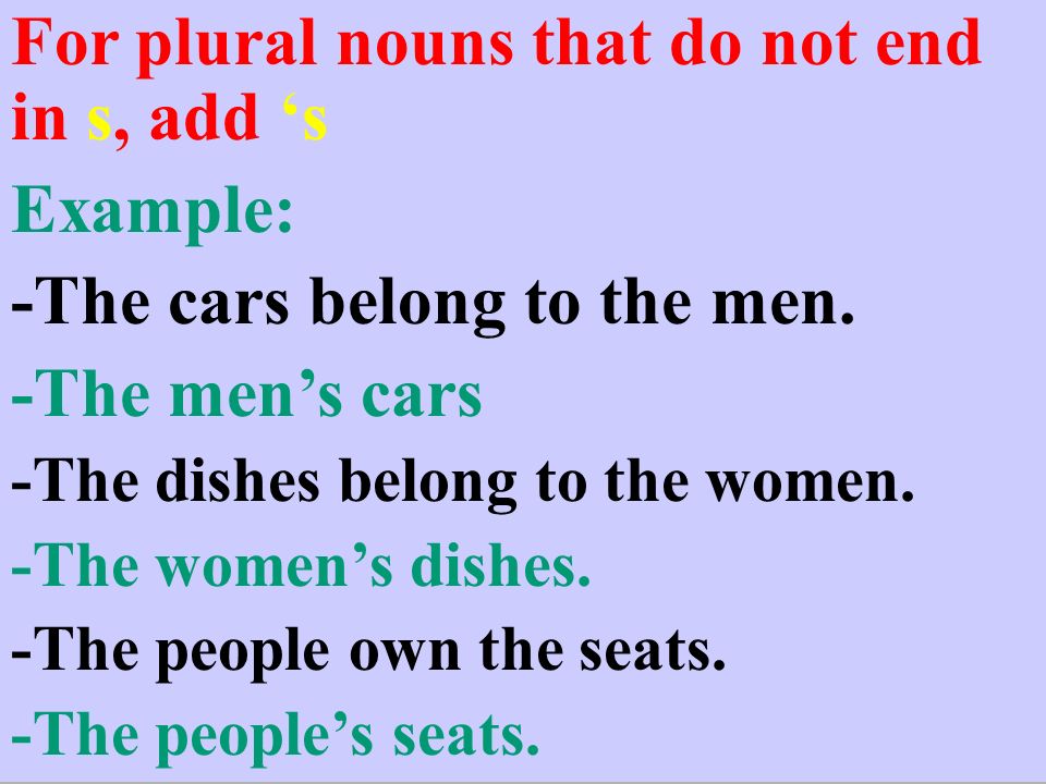 For plural nouns that do not end in s, add ‘s Example: