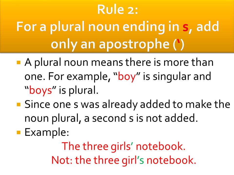Rule 2: For a plural noun ending in s, add only an apostrophe (‘)