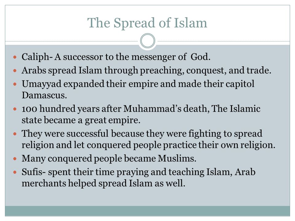 The Spread of Islam Caliph- A successor to the messenger of God.