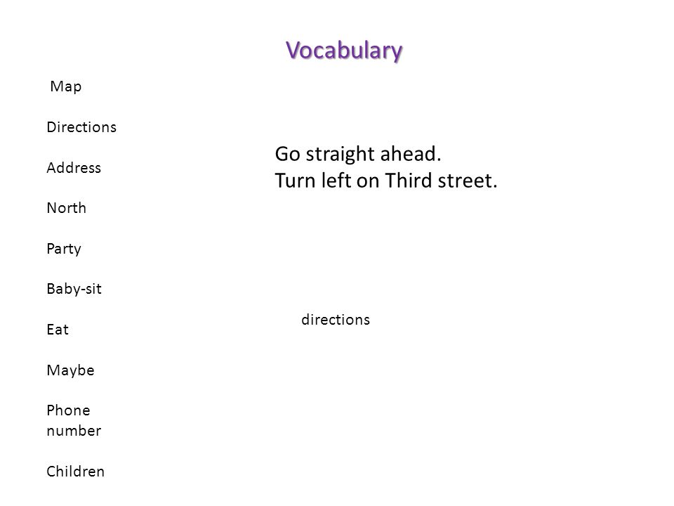 Vocabulary Go straight ahead. Turn left on Third street. Map
