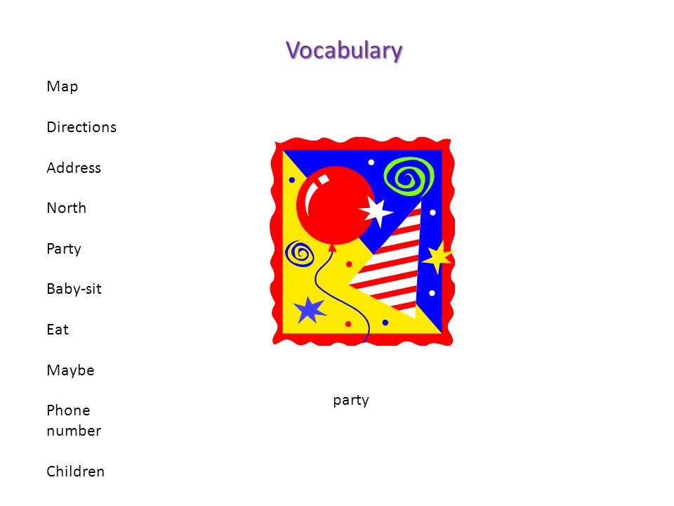 Vocabulary Map Directions Address North Party Baby-sit Eat Maybe