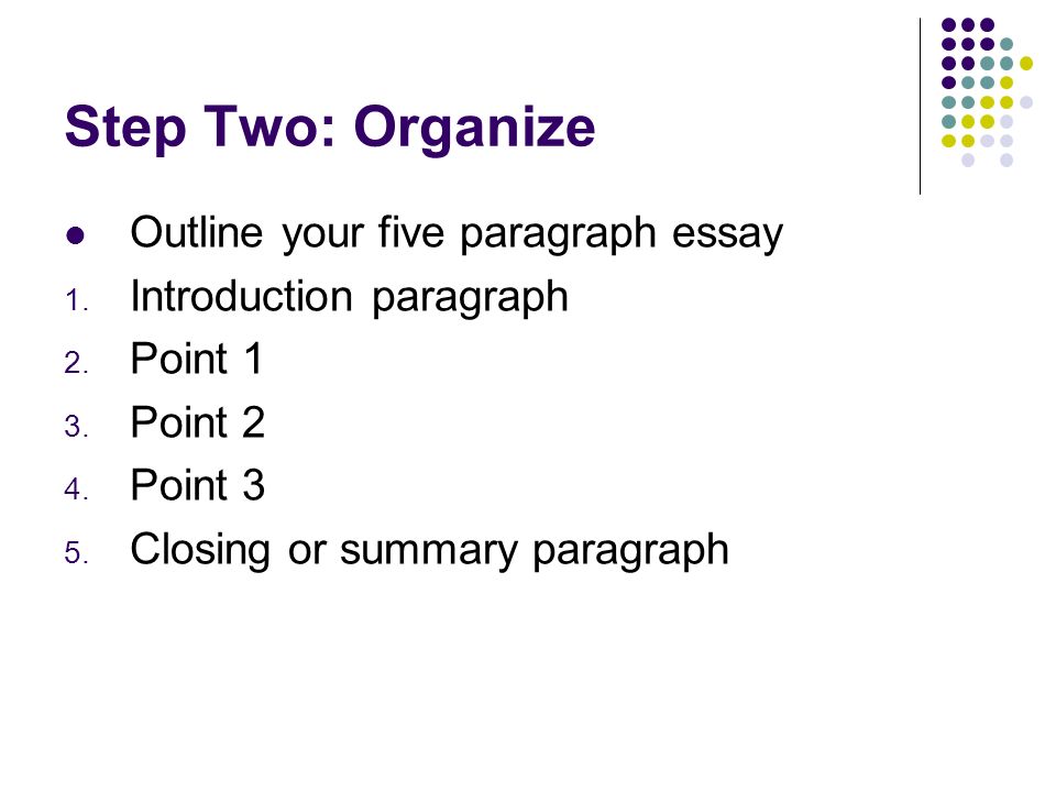 Step Two: Organize Outline your five paragraph essay