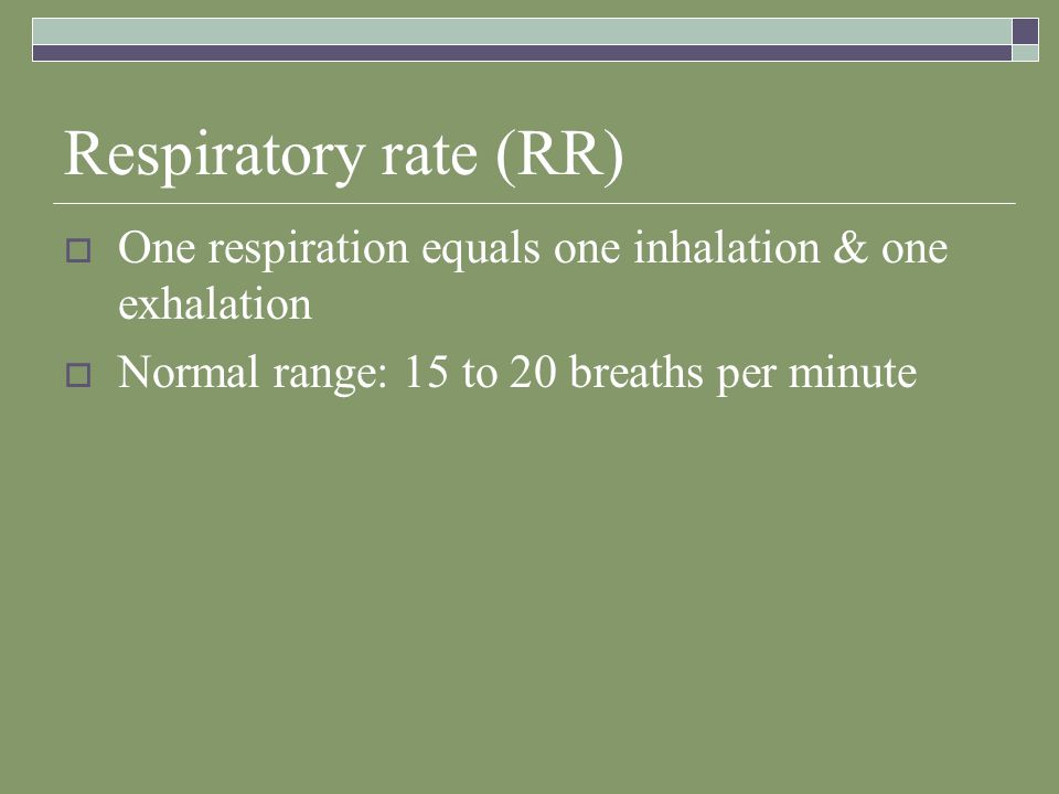 Respiratory rate (RR) One respiration equals one inhalation & one exhalation.